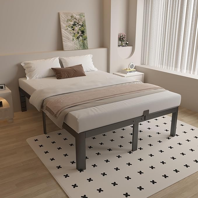 14 Inch Queen Bed Frame with Metal Gaskets, Black Bed Frame Queen Size No Box Spring Needed, Heavy Duty Steel Platform Support, Round Corner Design, Noise Free, Storage Space, Easy Assembly