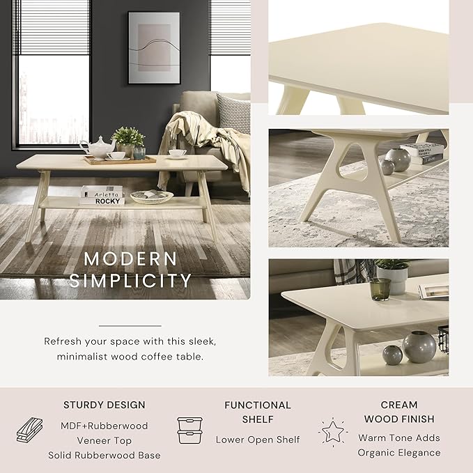 Roundhill Furniture Arona Mid-Century Modern Wood Shelf Coffee Table, Off-White Finish