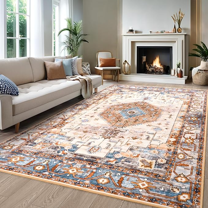 5x7 Area Rugs for Living Room, Non Slip Vintage Floral Rug for Bedroom Dining Room, Low Pile Indoor Carpet for Nursery, Kitchen, Office Home Decor, Orange