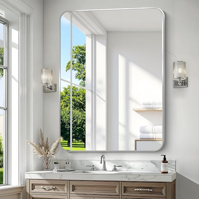 Silver Bathroom Mirror,36x48 inch Wall Mirror for Bathroom Wall Mounted,Rectangle Mirror for Bathroom Over Sink,Modern Frame Round Corner for Living Room,Bedroom Entryway,Horizontal/Vertical