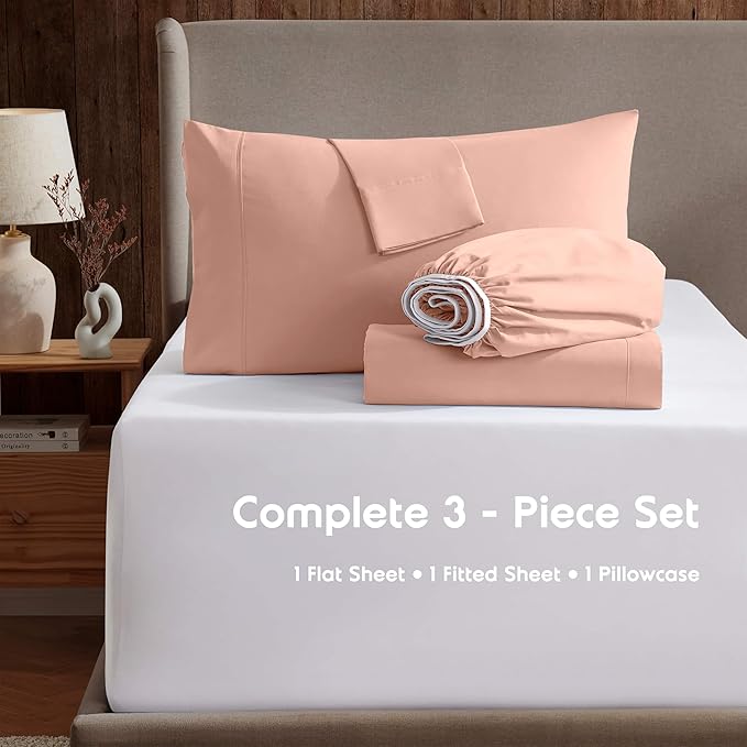 Nestl Twin XL Sheet Set - College Dorm Size - Luxury 1800 Ultra-Soft Microfiber Twin Extra Long Bed Sheets - Deep Pockets - Easy Fit - Extra Soft - 3 Piece Set (Twin XL, Peach)