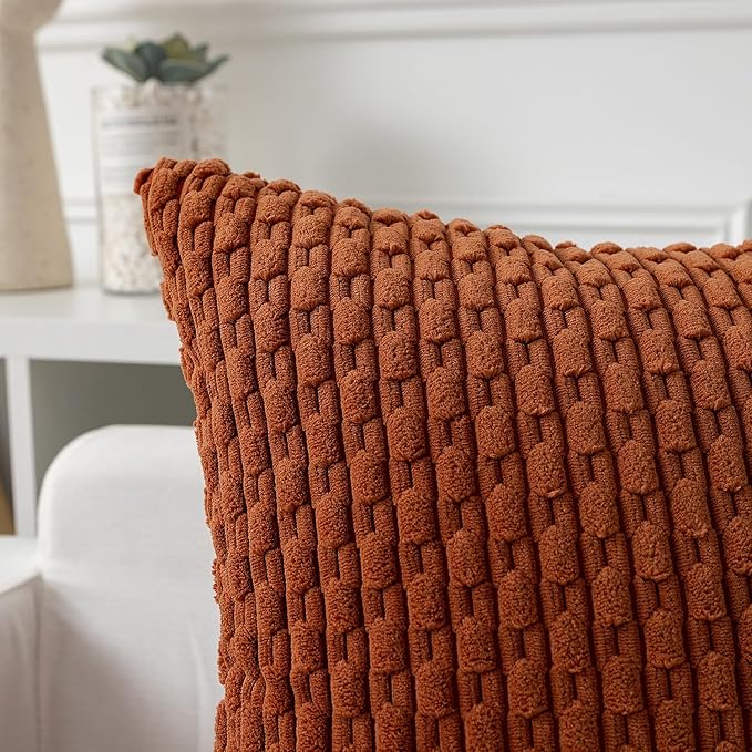 Kevin Textile Fall Throw Pillow Covers Soft Corduroy Decorative Set of 2 Boho Striped Pillow Covers Pillowcases Farmhouse Home Decor for Couch Bed Sofa Living Room 26x26 Inch Rust Brown