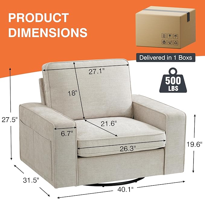 ABAKAN Chenille Sofa Swivel Chair for Living Room with Removable Backrest, Modern Accent Style Living Room Chair for Office/Library/Bedroom/Lounge,Beige