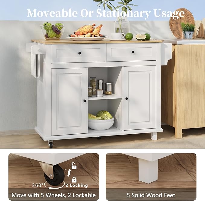 Rolling Kitchen Island Cart with Drop Leaf, Large Kitchen Island on Wheels with Storage and 2 Drawers, Mobile Island for Kitchen with Rubber Wood Countertop, Towel Rack (White, Large)