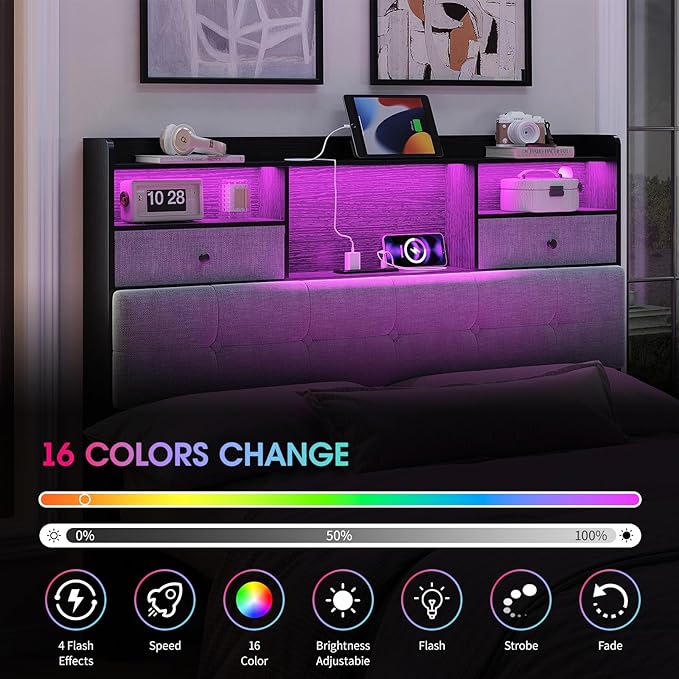 Maupvit Headboard Queen Size with Storage, Queen Headboard Only with 2 Drawers, Charging Station and LED Lights, Upholstered Headboards Easy Assembly, Black&Grey