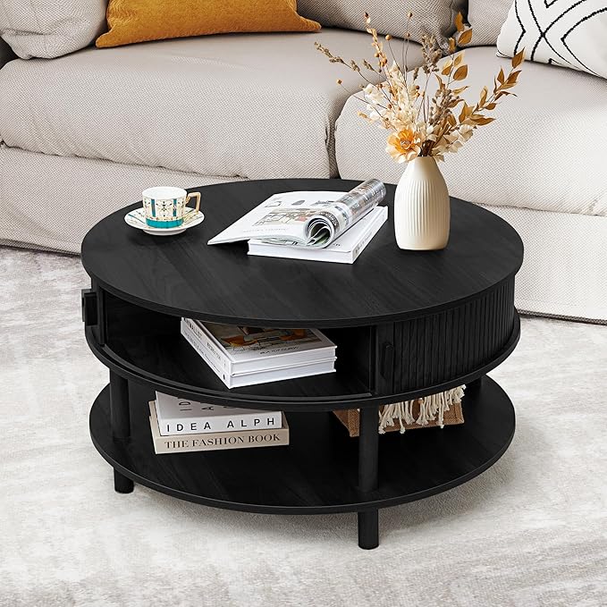 RARZOE 31.5" Round Coffee Table with Storage, Wood Circle Coffee Table with Sliding Cabinet Doors, Fluted Dining Table Accent Center Table for Living Room Home Office Apartment, Black