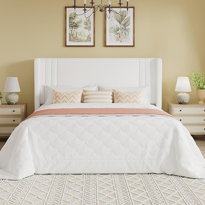 SHA CERLIN Queen Size Velvet Upholstered Platform Bed Frame with Vertical Channel Tufted Wingback Headboard, Wooden Slats Support, Easy Assembly, Under Bed Storage, No Box Spring Required, White