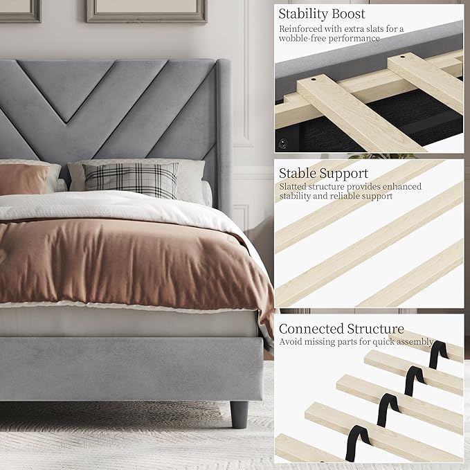Yaheetech Twin Bed Frame Upholstered Platform Bed with Wing Side/Wooden Slat Support/Tufted Headboard with Wing Side/Mattress Foundation/No Box Spring Needed,Light Gray Twin Bed