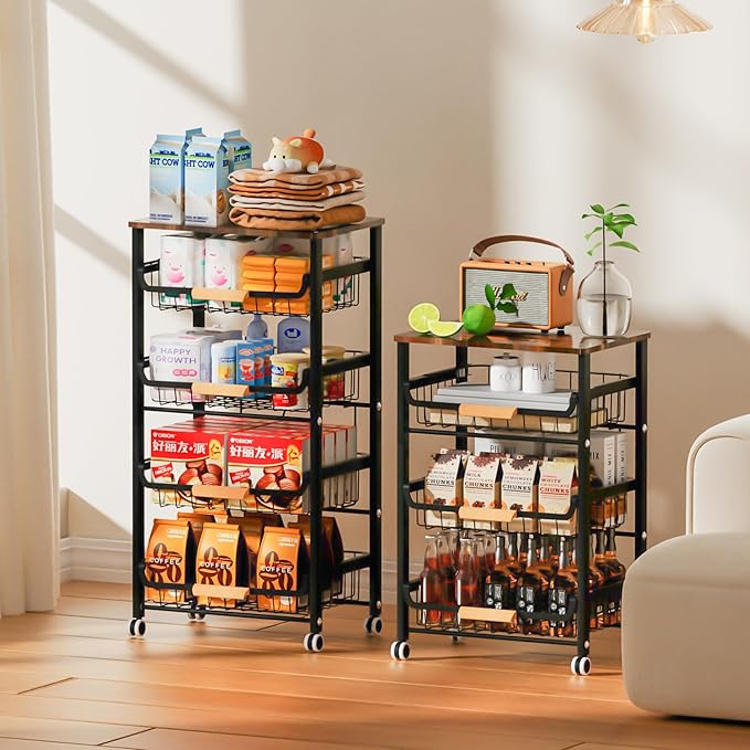 5-Tier Fruit Basket,Desktop Storage Organizer,Pull-Out Kitchen Storage Rack,Multi-Functional Storage Trolley for Office, Living Room, Kitchen, Movable Storage Organizer with Wheels,Black