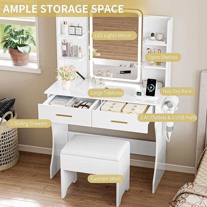 Vanity Desk with LED Lights Mirror & Power Outlet, Small Makeup Vanity Table Set with Storage Drawers & Chair, 3 Lighting Modes & Adjustable Brightness, Dressing Table for Women Girls Bedroom, White