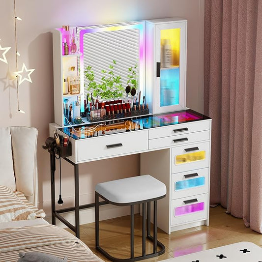 Makeup Vanity Desk with Mirror and RGB Lights,Glass Top Vanity Table with Wireless Charging & Stool,Vanity Set with 6 Drawers & Storage Cabinet & Makeup Organizer，Bedroom（White）