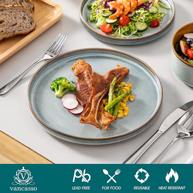 vancasso ONION Ceramic Plates and Bowls Sets, 12 Pieces Light Blue Dinnerware Sets for Kitchen, Reactive Glaze Dishes Set for 4, Dishwasher and Microwave Safe