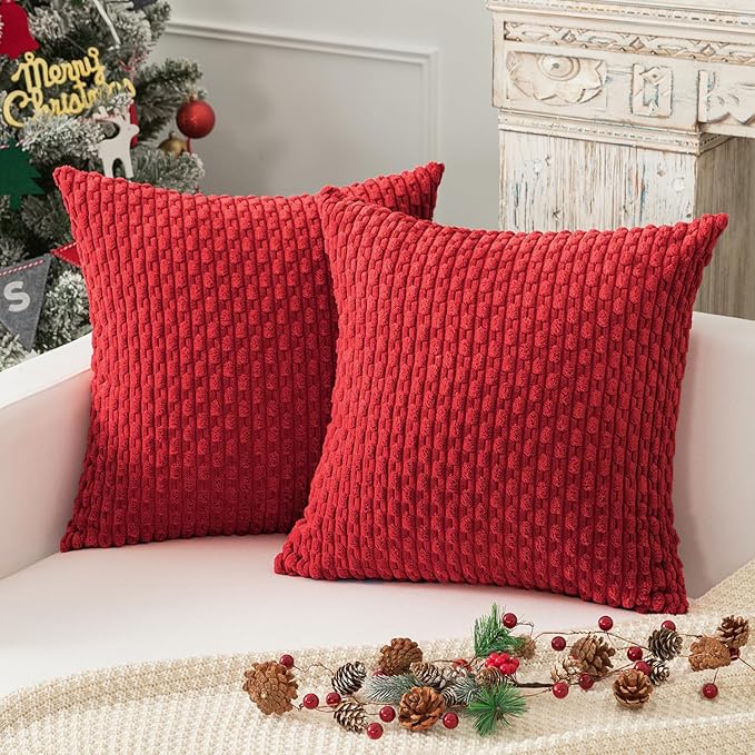 Kevin Textile 2 Packs Red Decorative Throw Pillow Covers 22x22 Inch for Christmas Living Room Couch Bed Sofa Soft Striped Corduroy Square Cushion Case 55x55 cm Rustic Farmhouse Boho Home Decor