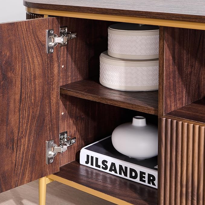 OKD Luxury 70" Fluted TV Stand, Modern Chic Entertainment Center for TVs Up to 80 inches, TV Console with Faux Marble Top, Curved Profile Design, Media Console for Living Room, (Dark Walnut)