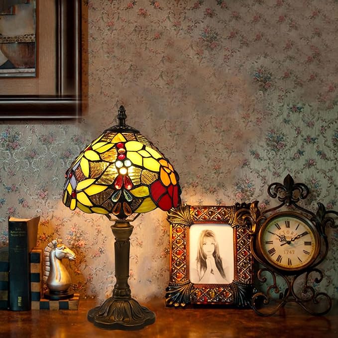 Tiffany Small Table Lamp for Bedroom Set of 2 Bedside Nightstand Lamp Rose Flower Grape Stained Glass Table Lamps for Living Room 3 Light Colors Tempertures Home Office Desk Lamps