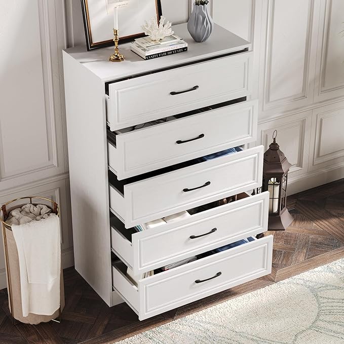 Fameill Dresser for Bedroom, 5 Drawer Tall Dresser Organizer, TV Stand for Livingroom, Chest of Drawers with Metal Handles, Woodgrain White