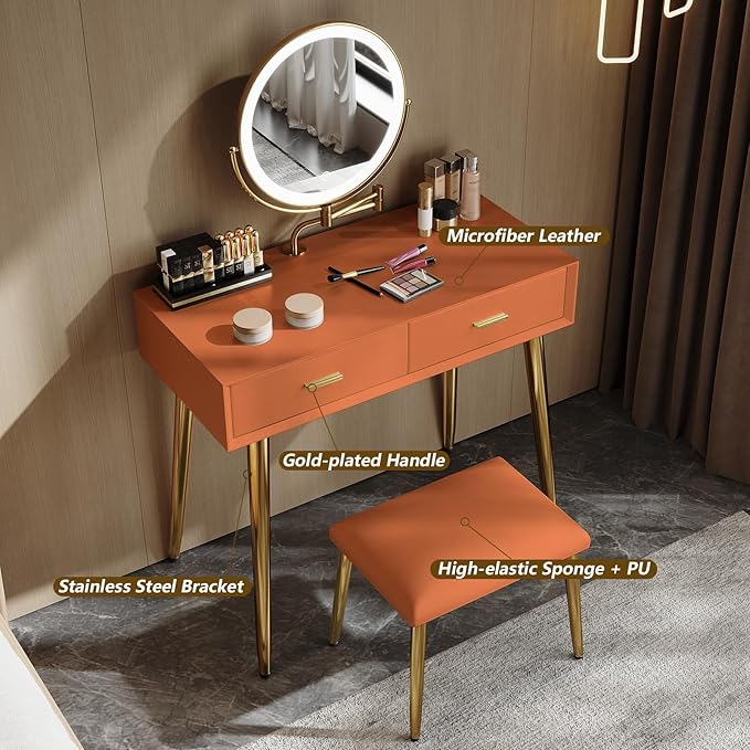 IKuinen Makeup Vanity Desk with Mirror and Lights, Small Vanity Table with 2 Drawers, Stool,Vanity Set for Bedroom with Microfiber Leather, 3 Lighting Modes - 31.5In Orange