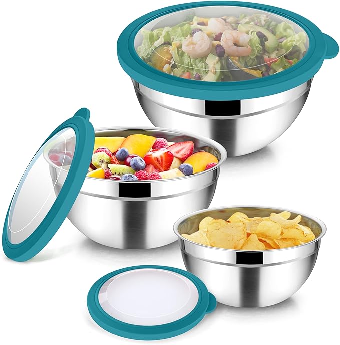 TeamFar Mixing Bowl Set, 4.5/3/1.5 QT Stainless Steel Nesting Salad Bowls with Airtight Lids, For Serving/Mixing/Storing/Prepping, Non-Toxic & Sturdy, Visible & Easy Clean, Dark Blue, Set of 3