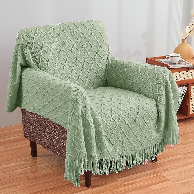 inhand Sage Green Throw Blanket for Couch, Soft Living Room Home Decor Knitted Twin Size Blanket, Outdoor Lightweight Breathable Summer Blanket, Farmhouse Warm Woven Decorative, 60"x80"