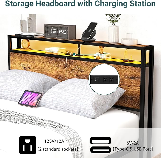 Full Size Bed Frame with 8 Storage Drawers, Full Platform Bed with Headboard, Charging Station, LED Light, Noise-Free Design, No Box Spring Required, Brown