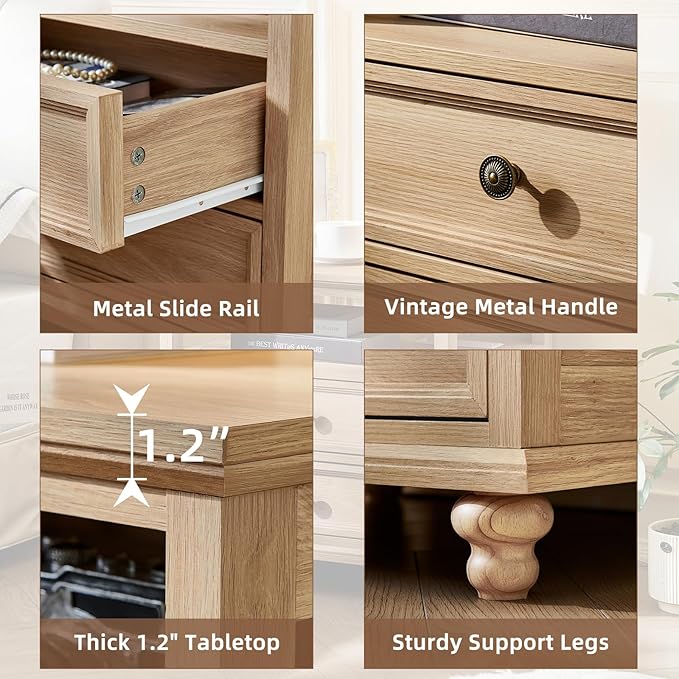 Farmhouse Nightstand with Charging Station, 24" Wide End Table with 2 Drawers, Natural Dresser for Bedroom, Bed Side Table Chest of Drawers Cabinet,Wood Night Stand for Living Room, Closet