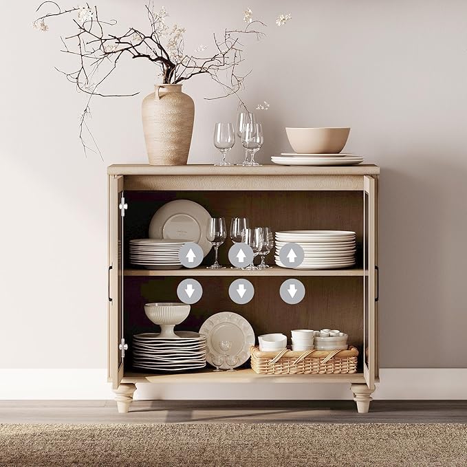 WAMPAT TV Stand for 75 Inch TV, Wood TV Cabinet Entertainment Center Television Stands for Living Room, 2-in-1 Sideboard Buffet Cabinet with Glass Door & Drawer for Kitchen, Light Oak