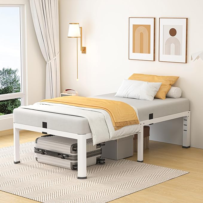 14 Inch Twin Bed Frame, Metal Platform Bed Frame with Round Corner Legs, 3500 lbs Heavy Duty Steel Slats Support, No Box Spring Needed, Noise Free, Easy Assembly, White