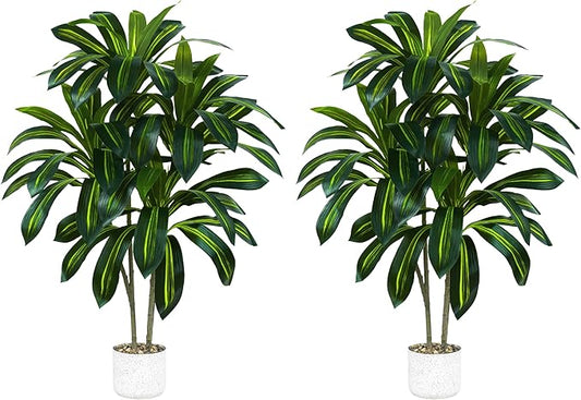 2 Pack Artificial Dracaena Plant Indoor 4FT Fake Tree Tall Floor Plants with White Planter, Artificial Yucca Tree for Home Office Living Room Bedroom Farmhouse Outdoor Topiary Tree