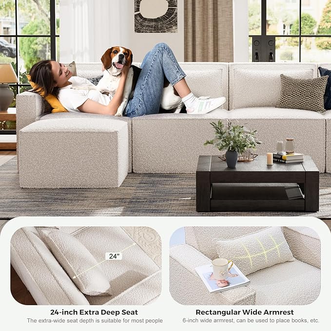 ELUCHANG Oversized Loveseat Sofa,Modern Boucle Sectional Sleeper Sofa with Strong Wood Frame,High Supportive & Soft Sponges Comfy Upholstered Couch Deep Seat Couch for Living Room Apartment White