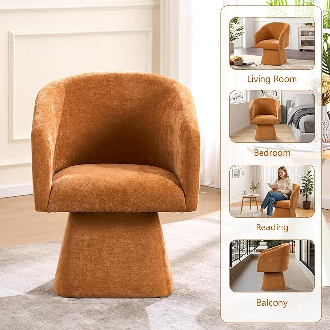 Swivel Modern Accent Chair,Luxury Fabric Upholstered Makeup Chair Comfy Barrel Chair with No Wheels,360°Rotating Vanity Armchair for Living Room Bedroom Office (Orange)