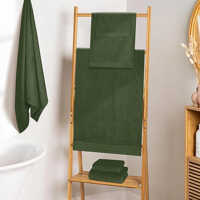 Ultra Soft 6 Pack Cotton Towel Set, Contains 2 Bath Towels 28x55 inch, 2 Hand Towels 16x24 inch & 2 Wash Coths 12x12 inch, Ideal Everyday use, Compact & Lightweight - Olive Green