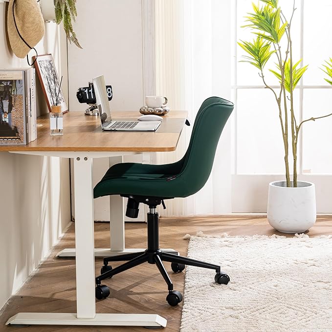 YOUTASTE Dark Green Office Chair, Modern Armless Desk Chair with Back, Adjustable Swivel Rolling Faux Leather Task Chair with Wheels Metal Base for Home Office, Study, or Vanity