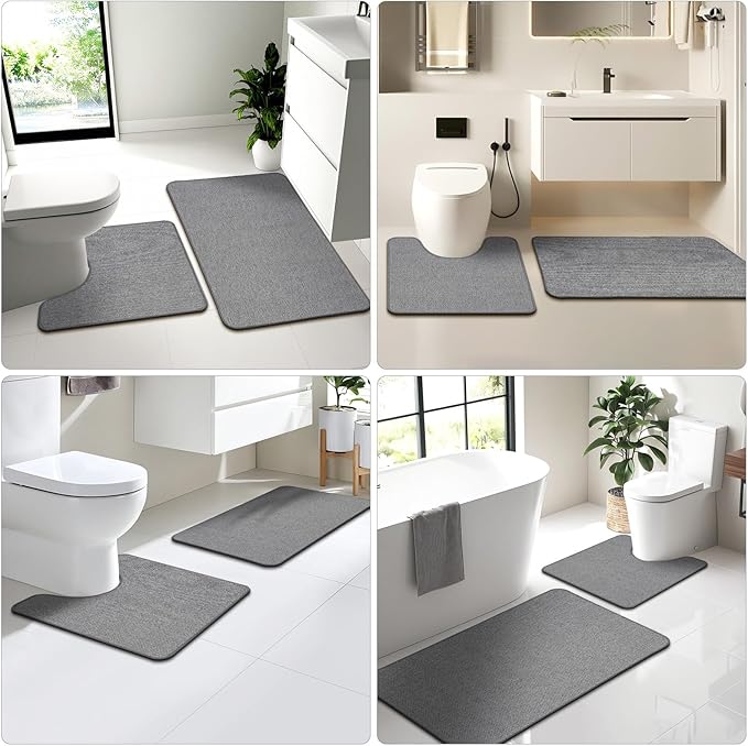 Toilet Rugs U Shaped Washable 24x20, Ultra Thin Toilet Rug Super Absorbent, Toilet Mat Rubber Backing Non-Slip, Toilet Mats Machine Washable Dry Quickly, Contour Bathroom Rugs for Toilet-Grey