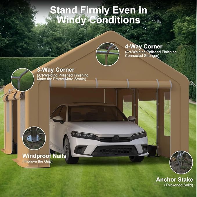 Heavy Duty Carport, Portable Garage with 4 Doors & 4 Window，Upgraded Carport with Reinforced Steel Poles, Uv Resistant All-Season Waterproof Tarp, for Car, Truck, Boat