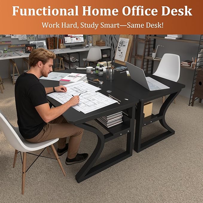 AZN Computer Desk, 55'' Computer Desk, Home Office Desks w/Storage, Home Office Desks w/U-Size Metal Frame for Home Office Bedroom, Study Writing Work Table w/Water-Resistant, Scratchproof Surface