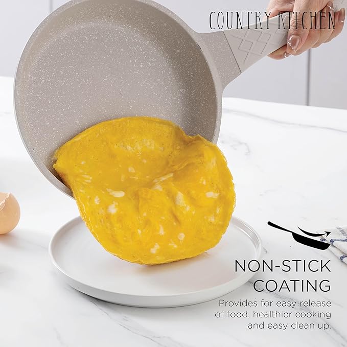 Country Kitchen Non-Stick Cast Aluminum Cookware Set - Durable Kitchen Cookware for Everyday Cooking, Cream Rhombus, 11 Pc.