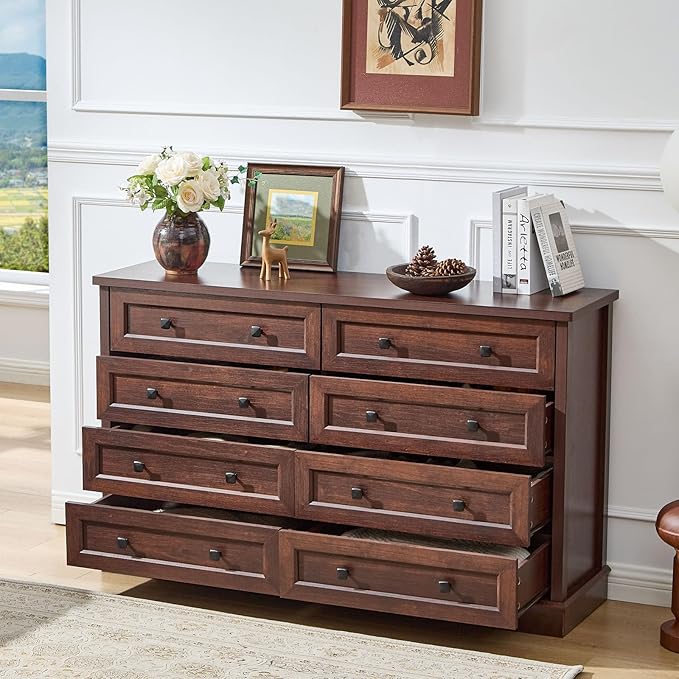 LIDYUK 8 Drawer Cherry Wood Dresser for Bedroom Farmhouse Dresser Chest of Drawers, 55" Wide Clothes Organizer Wood Chest of Drawers for Bedroom, Living Room
