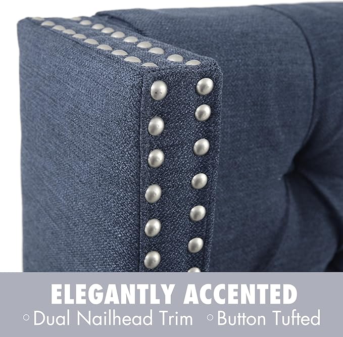 Madison Park King Button Tufted Headboard, Adjustable Upholstered Wingback Headboard, Nailhead Trim, Wooden Frame, Black Metal Legs, Flush Flat Back, Vintage Bedroom Décor - Navy Amelia