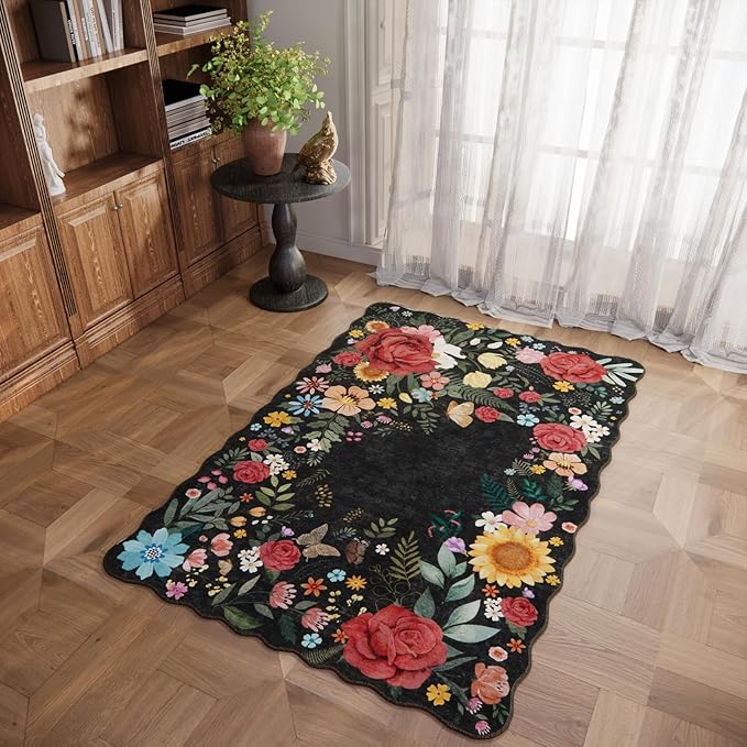 Washable Floral Rugs, 4'x6' Black Area Rugs for Living Room Dining Room, Non Slip Lightweight Low-Pile Stain Resistant Boho Vintage Throw Carpet for ‎Office Entryway