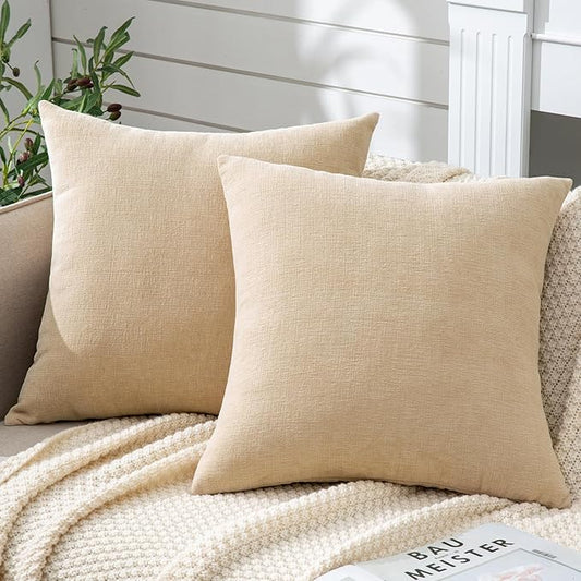 GAWAMAY Decorative Chenille Throw Pillow Covers 26x26 Inch Pack of 2, Soft Square Couch Pillow Cover for Sofa Cushion Living Room Bedroom Solid Dyed Oversized Pillowcases Beige 66x66cm (ONLY Covers)