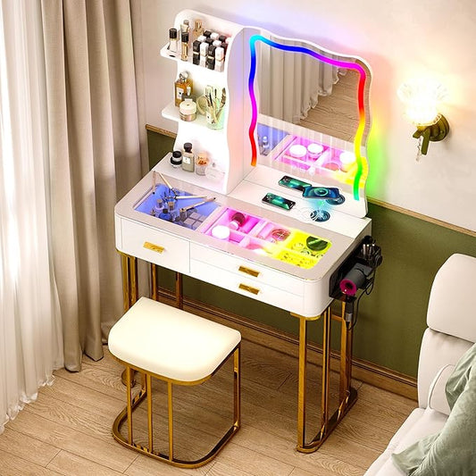 RGB Makeup Vanity Desk with Wireless Charging Station,7 Dynamic and 7 Static Dimmable Vanity Table with Visible Glass Top,Auto Sensor LED Make up Vanity with Mirror and Lights,Stool