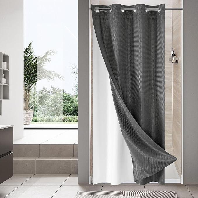 MitoVilla Grey Waffle Small Stall Shower Curtain 36 x 74, No Hooks Required Half Size Narrow Fabric Cloth Shower Curtain Set with Snap-in Liner for Modern Bathroom Decor, Charcoal Grey