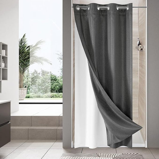 MitoVilla Grey Waffle Small Stall Shower Curtain 36 x 74, No Hooks Required Half Size Narrow Fabric Cloth Shower Curtain Set with Snap-in Liner for Modern Bathroom Decor, Charcoal Grey