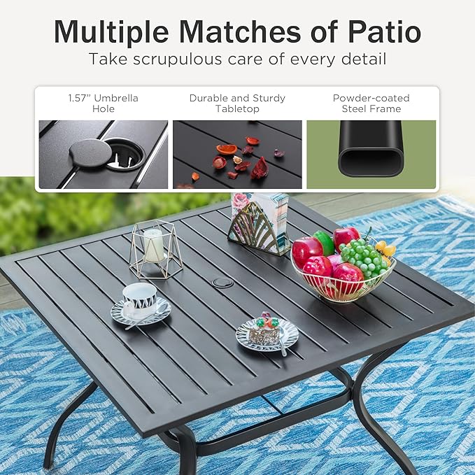 PHI VILLA 5 Piece Patio Dining Set with 4 Padded Outdoor Swivel Dining Chairs and 37"x 37" Metal Steel Dining Table with Umbrella Hole, Outdoor Dining Table and Chairs Set for Deck Pool Lawn
