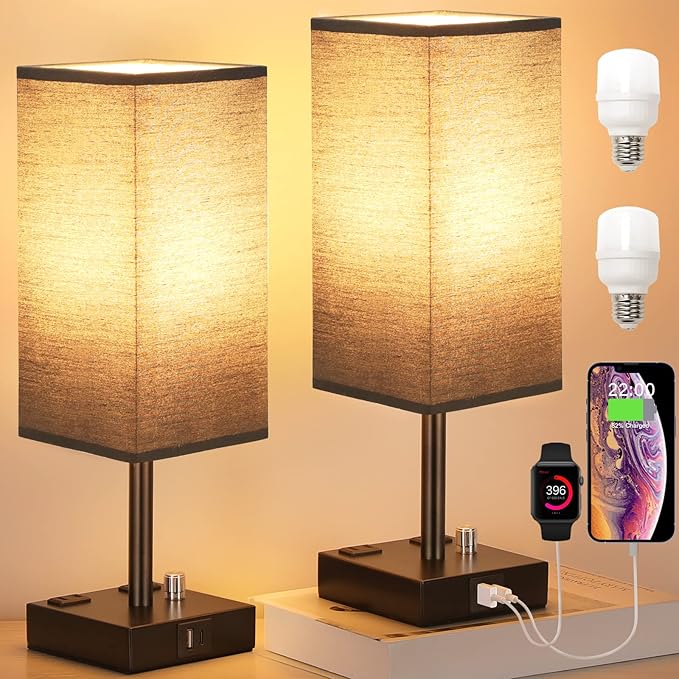 Black Fully Dimmable Nightstand Lamps Set of 2 - Table Bedside Lamp with USB C+A Charging Ports & 2 AC Outlets, Square Lamp Sets Linen Fabric Shade for Bedroom Living Room(Bulb Included)
