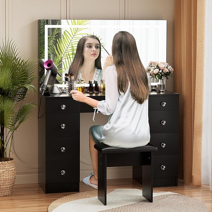 VOWNER Vanity with Lighted Mirror - Makeup Vanity Desk with Power Outlet and 9 Drawers, 3 Color Lighting Modes Adjustable Brightness, 43" Vanity Table with Soft Cushioned Stool for Bedroom, Black
