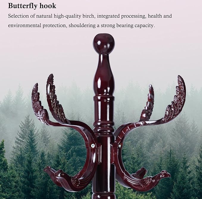 Coat Rack Stand, Solid Wooden Coat Tree with 14 Hooks, Heavy Duty Coat Rack Freestanding with Sturdy Round Base, Natural Birch Wood Coat Hanger Stand for Entryway Bedroom (Swing)