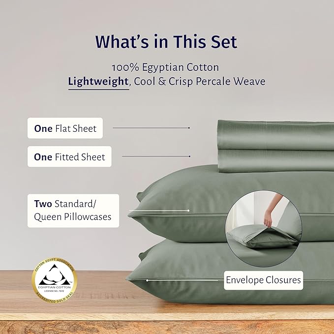 California Design Den Deep Pocket Queen Sheet Set - Certified 100% Egyptian Cotton, Crisp Percale Bed Sheets Queen Size Egyptian Cotton Set, Cool & Durable Luxury Bedding (Sage Mist- Gray Tone)