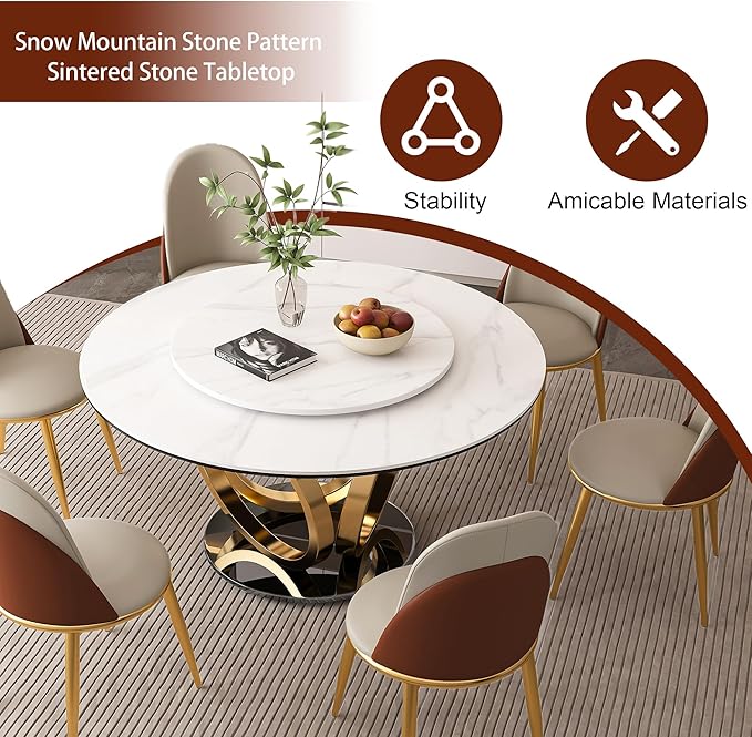 53" Round Modern Marble Dining Table with Lazy Susan, Sintered Stone Top for Kitchen, Dining Room, Dinette, Space Saving Design