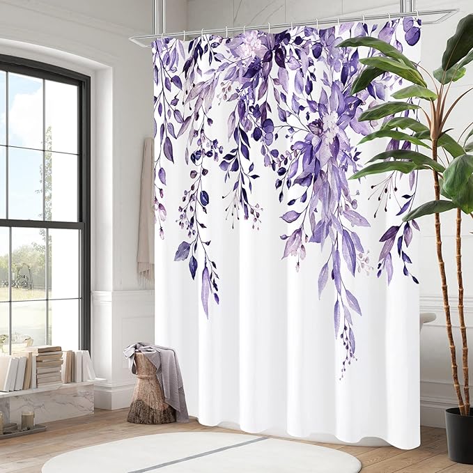 Gibelle Purple Eucalyptus Shower Curtain, Watercolor Plant Leaves with Floral Bathroom Shower Curtain Set with Hooks, 72x72